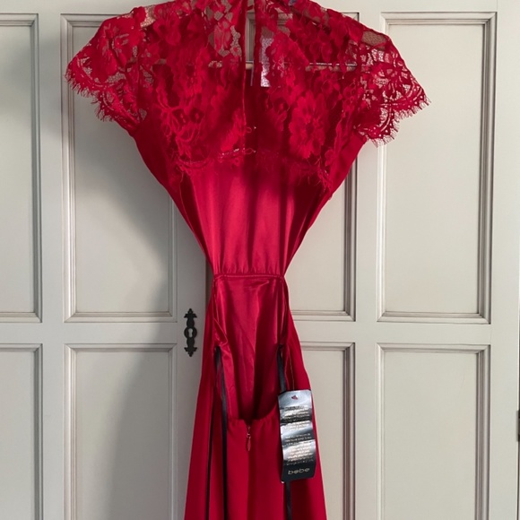 Bebe NWT Red Maxi Chiffon Eyelash Lace Backless Red Dress 2 - Picture 6 of 8